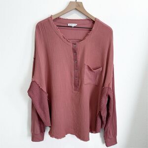 Gauzy Cotton Popover Top Womens Large Pink Crinkle Breathable Beachy Oversized‎